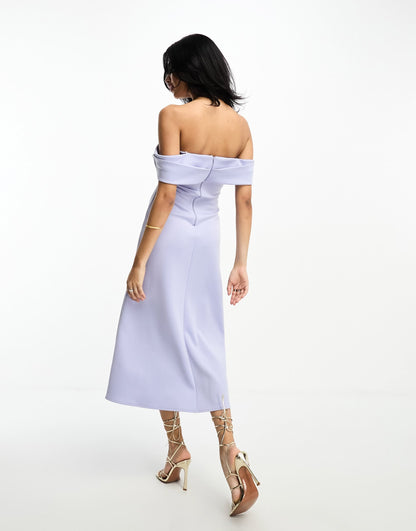 ASOS DESIGN off shoulder midi skater dress with thigh split in dusky pale blue