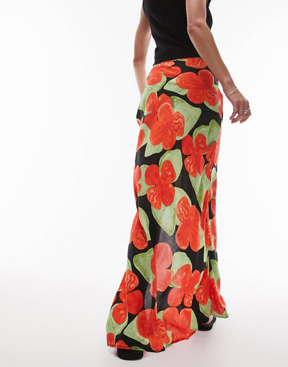 Topshop printed side split maxi skirt in red