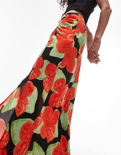 Topshop printed side split maxi skirt in red