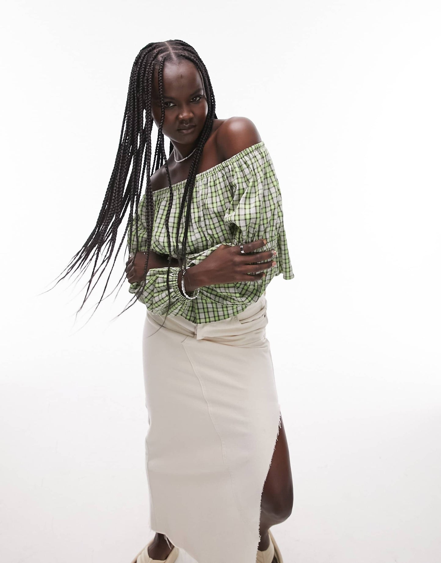 Topshop check bardot top in green