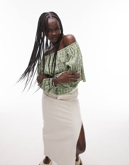 Topshop check bardot top in green