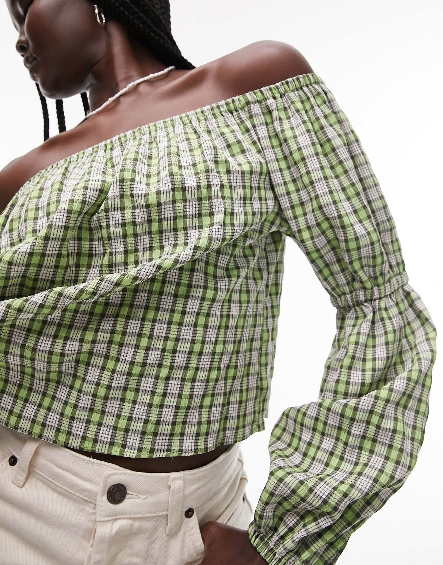 Topshop check bardot top in green