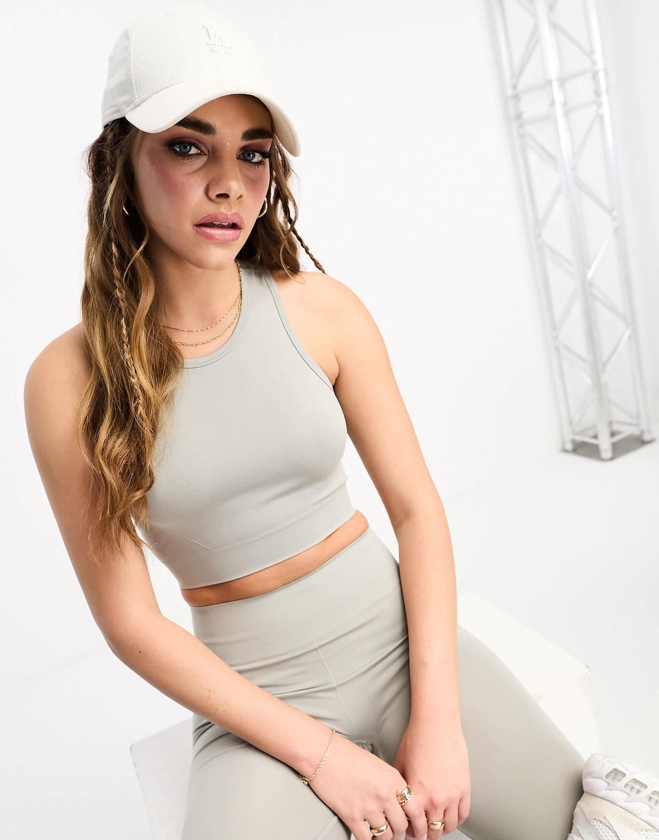 Pull&Bear seamless racer neck cropped top co-ord in grey