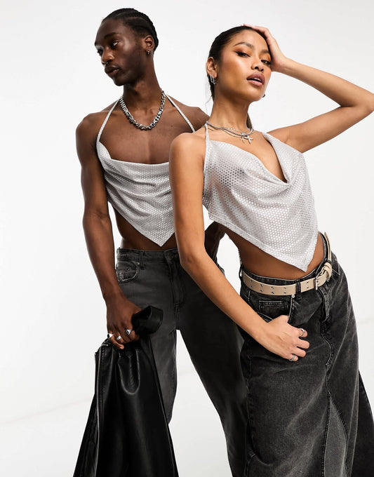 COLLUSION Unisex backless sequin cami top in silver