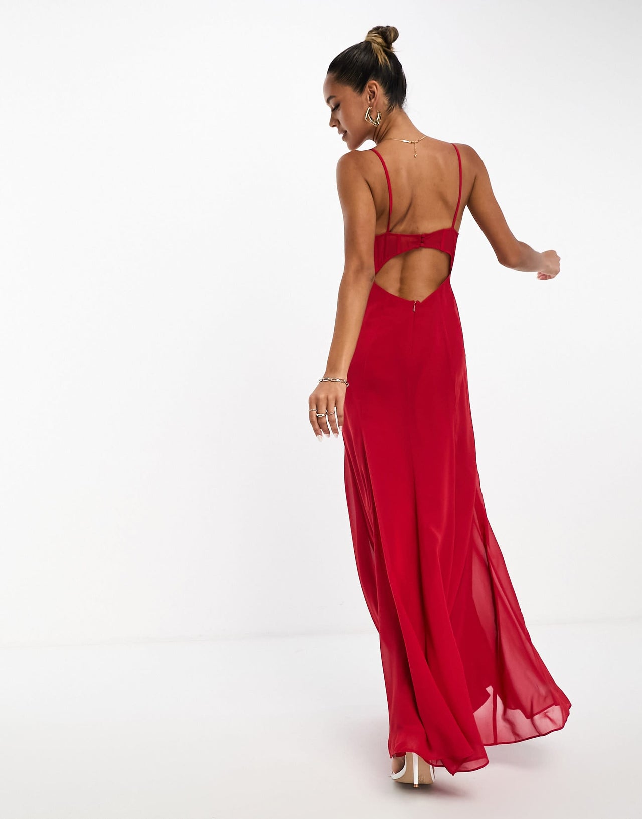ASOS DESIGN ruched bust chiffon panelled corset maxi dress in red