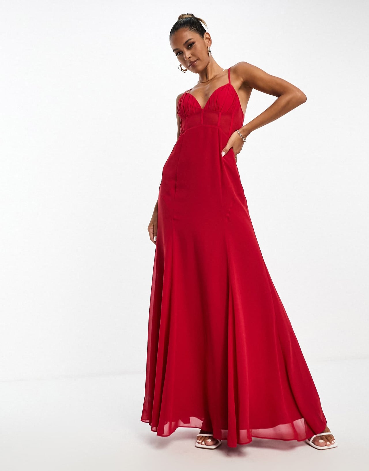 ASOS DESIGN ruched bust chiffon panelled corset maxi dress in red