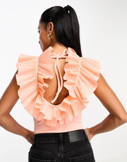 River Island Petite frill neck top in peach