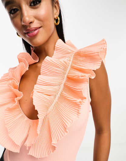 River Island Petite frill neck top in peach
