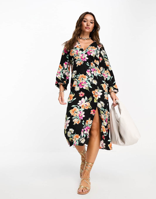 Vila v neck midi dress in black floral print