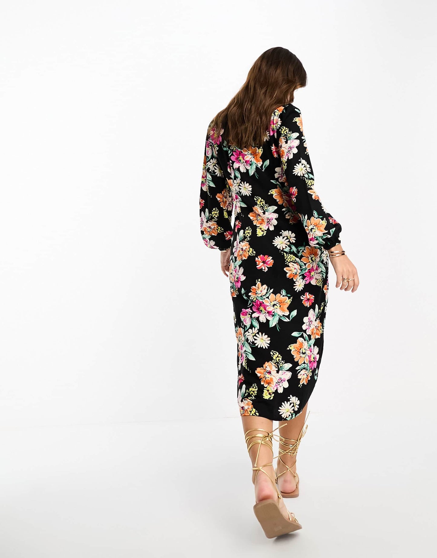 Vila v neck midi dress in black floral print