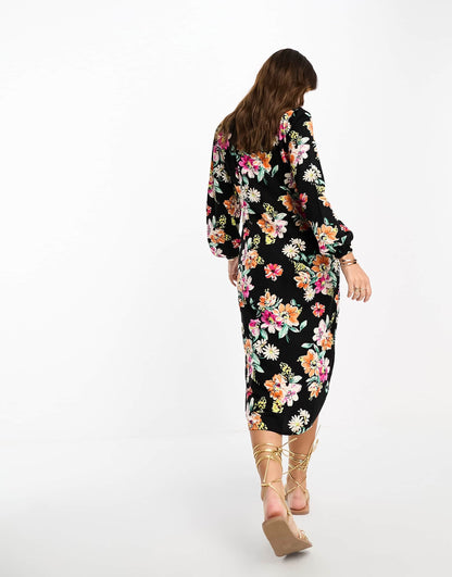 Vila v neck midi dress in black floral print