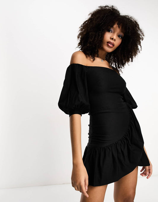 True Violet bardot mini dress with ruffle hem in black