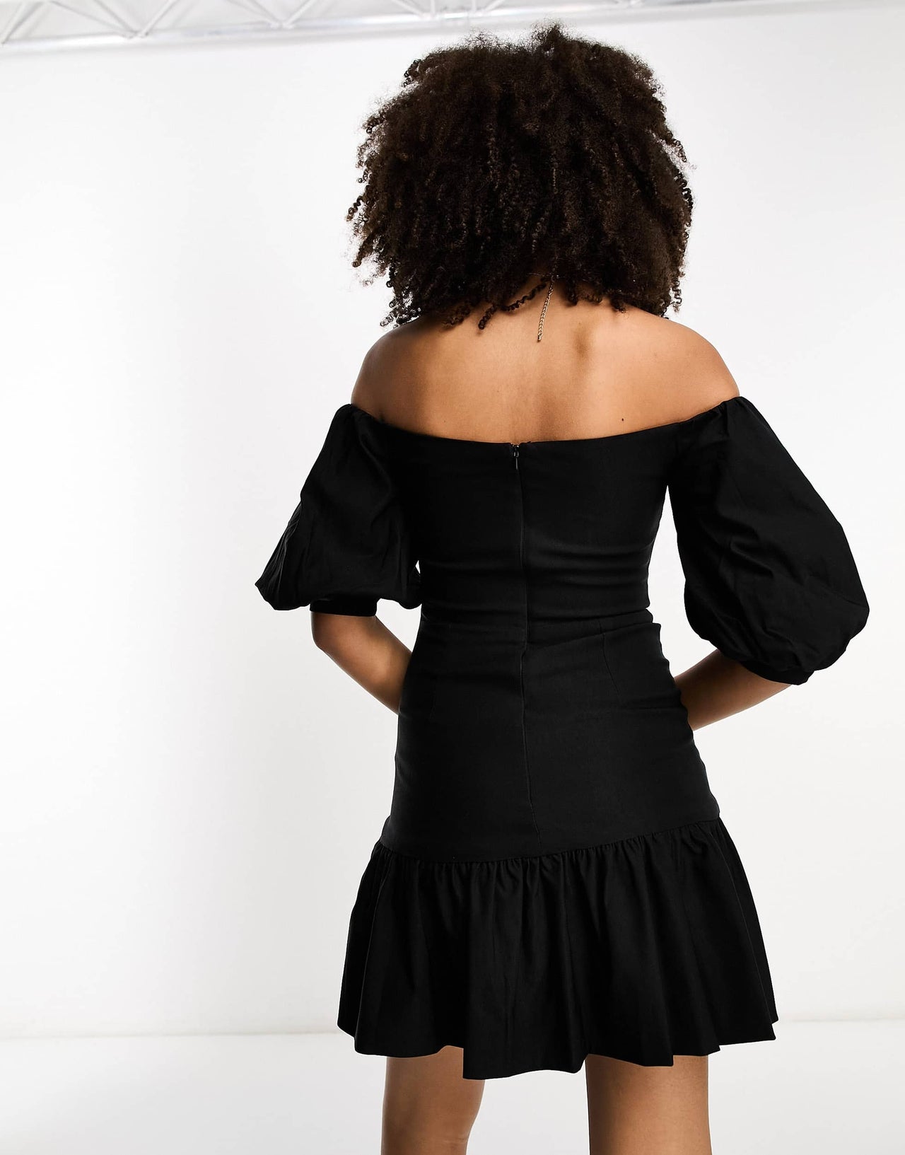 True Violet bardot mini dress with ruffle hem in black