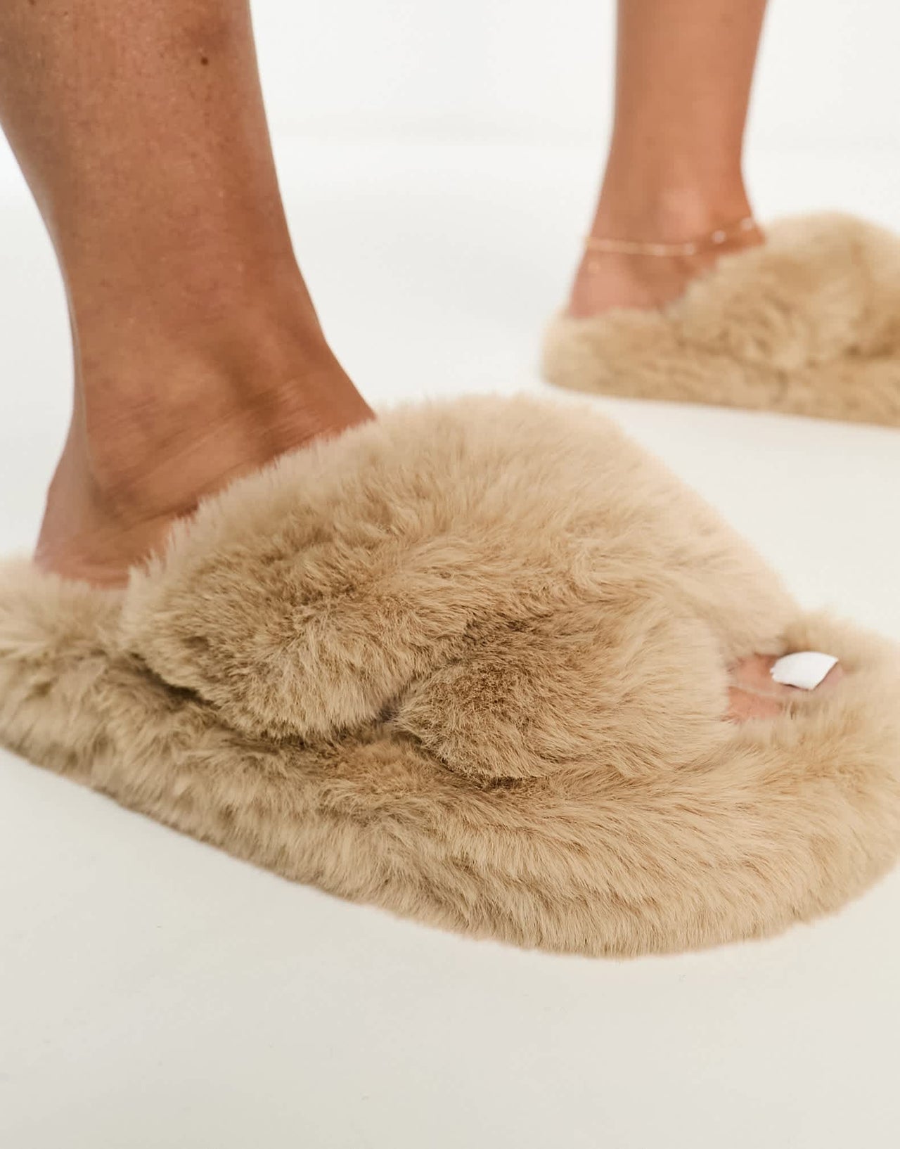Simmi London Fuzzy cross strap slippers in Mink