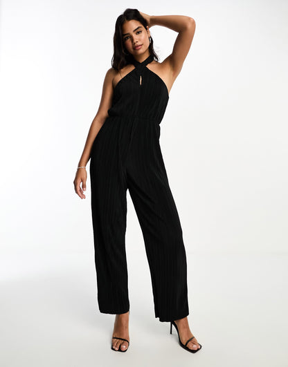 Vero Moda cross front plisse jumpsuit in black