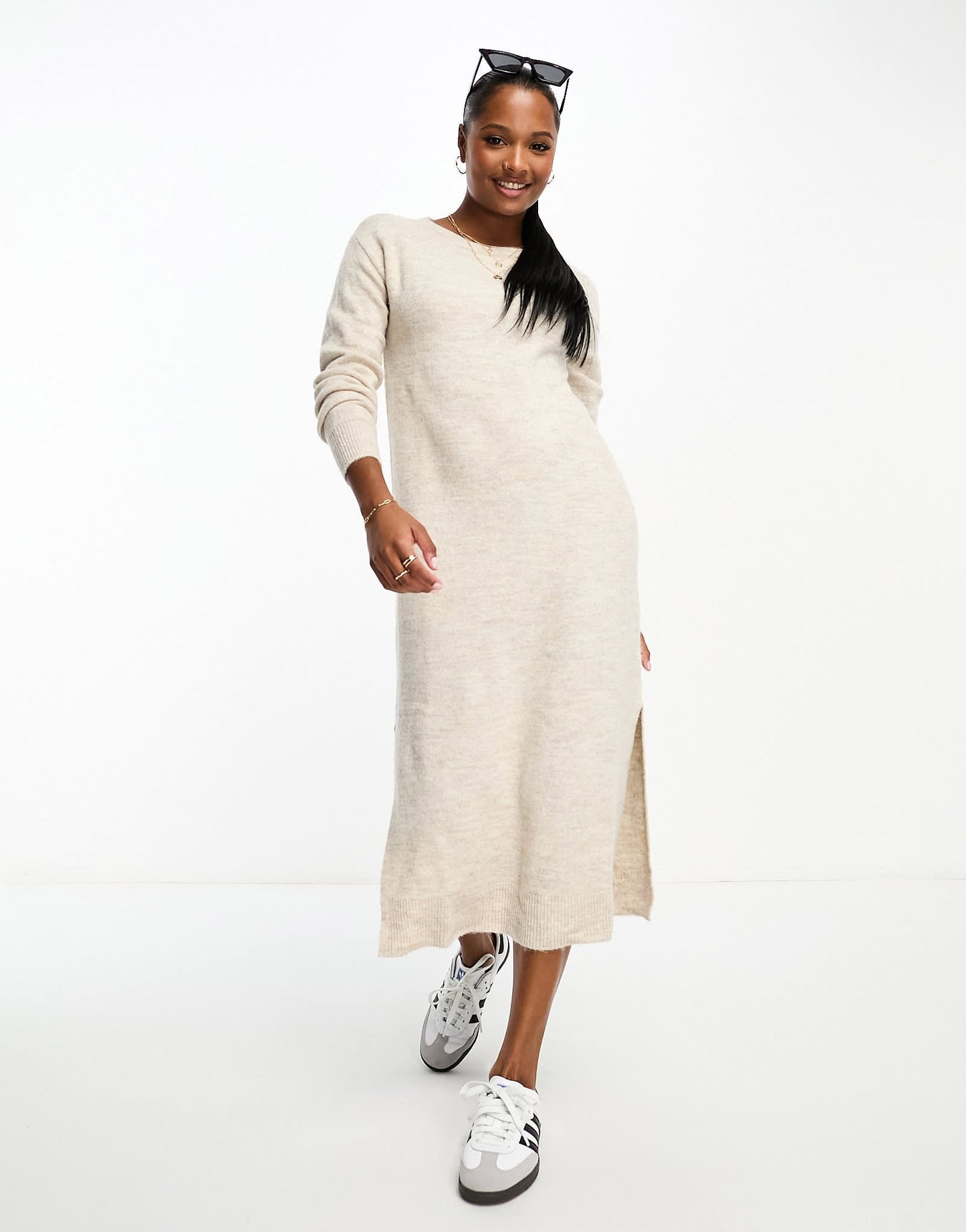 Vero Moda Petite knitted jumper midi dress in cream