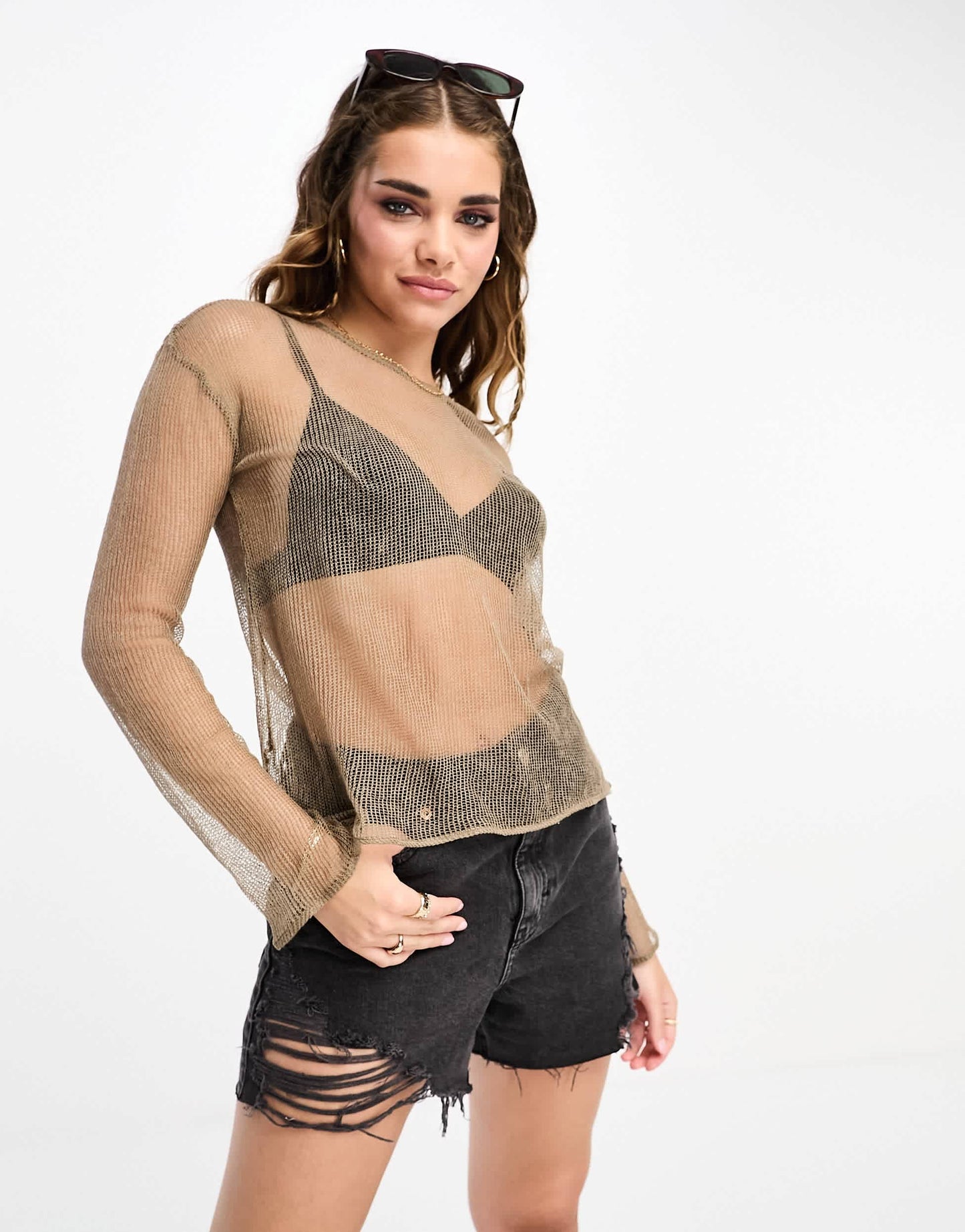 Pull&Bear sheer open knit top in dark beige