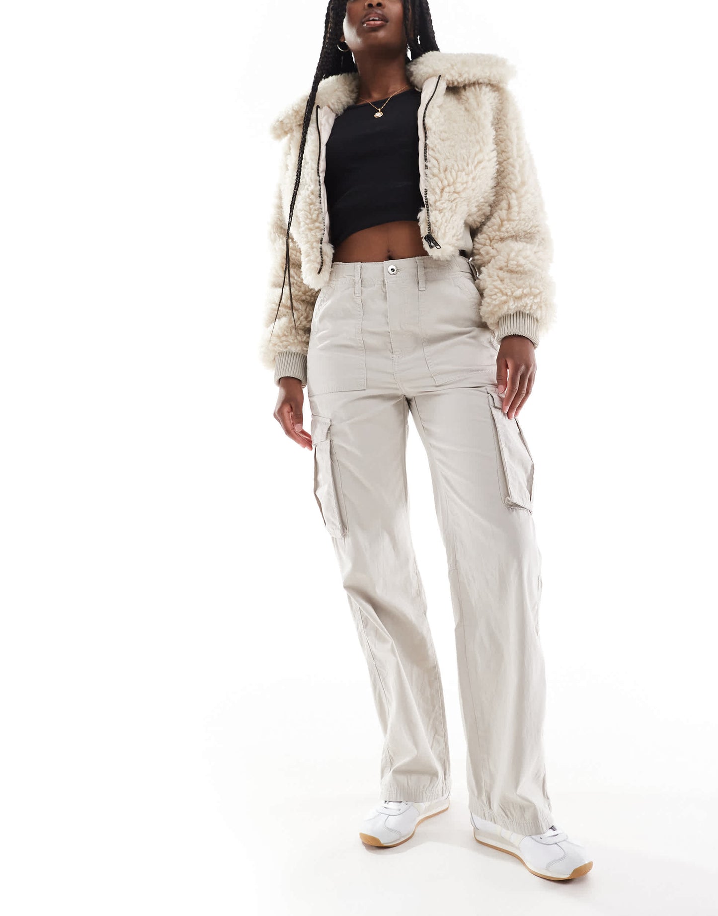 Bershka Petite straight leg cargo trousers in stone