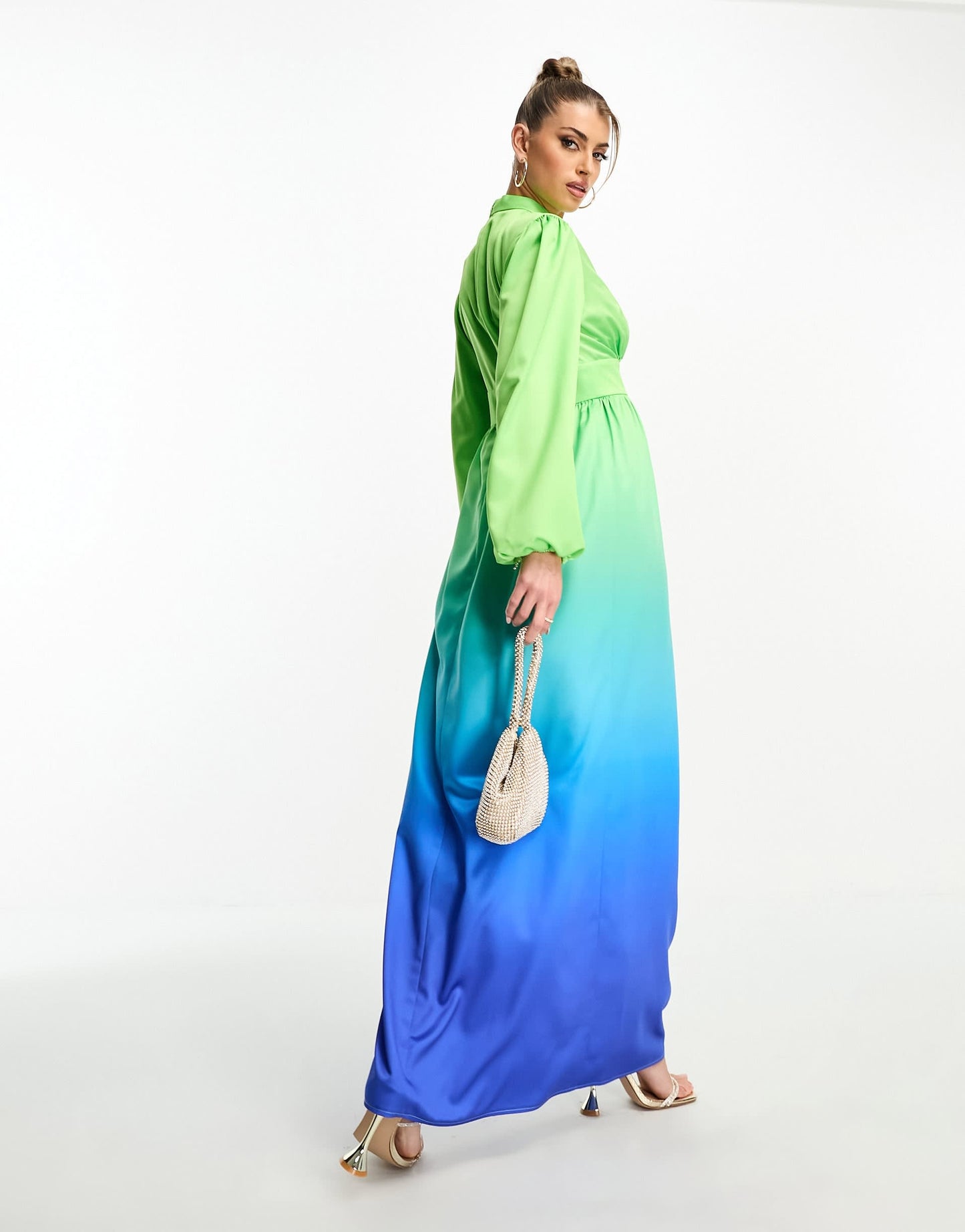 Flounce London balloon sleeve maxi dress in blue and green ombre