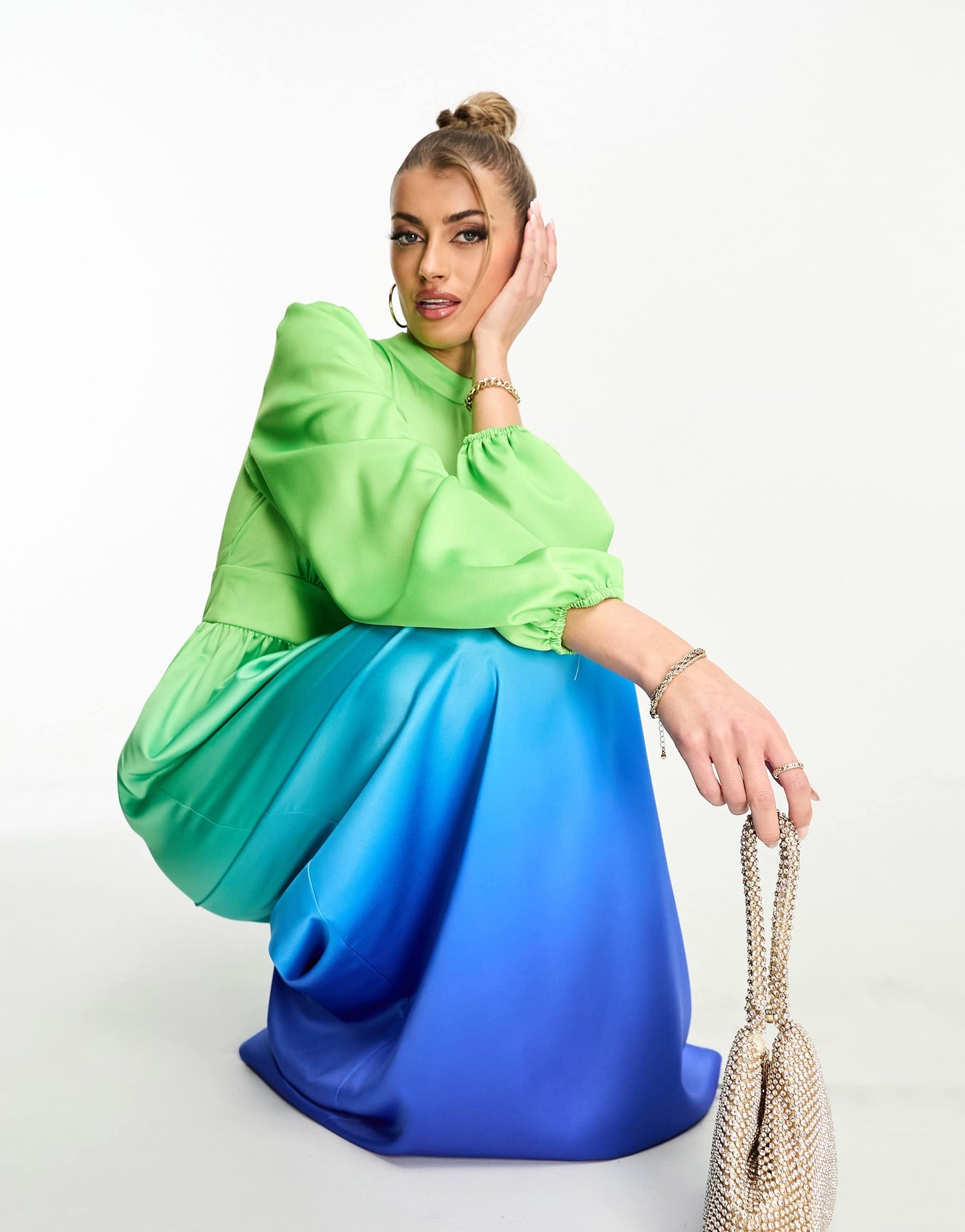 Flounce London balloon sleeve maxi dress in blue and green ombre