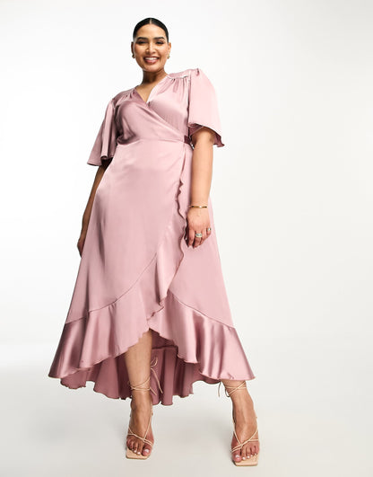 Flounce London Plus wrap front satin midi dress with flutter sleeves in heather rose