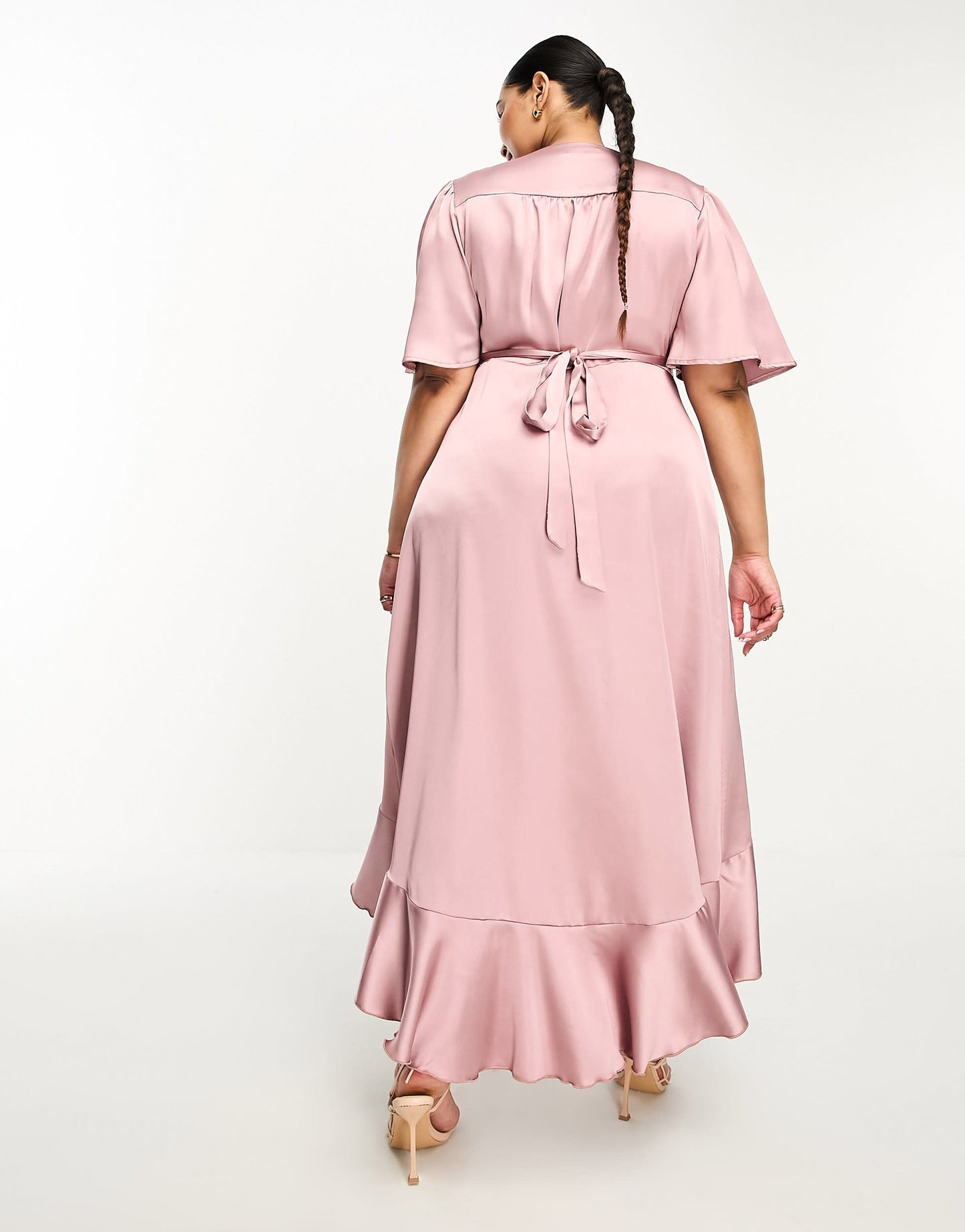Flounce London Plus wrap front satin midi dress with flutter sleeves in heather rose
