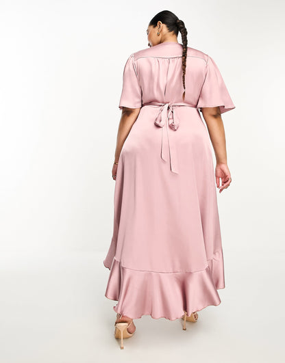 Flounce London Plus wrap front satin midi dress with flutter sleeves in heather rose