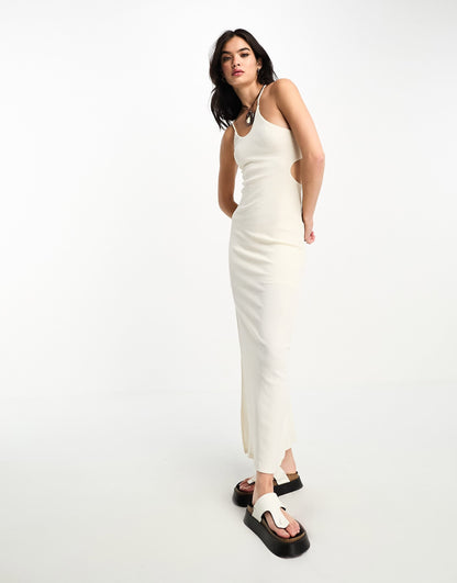 Bershka cut out detail asymmetric strap maxi dress in stone
