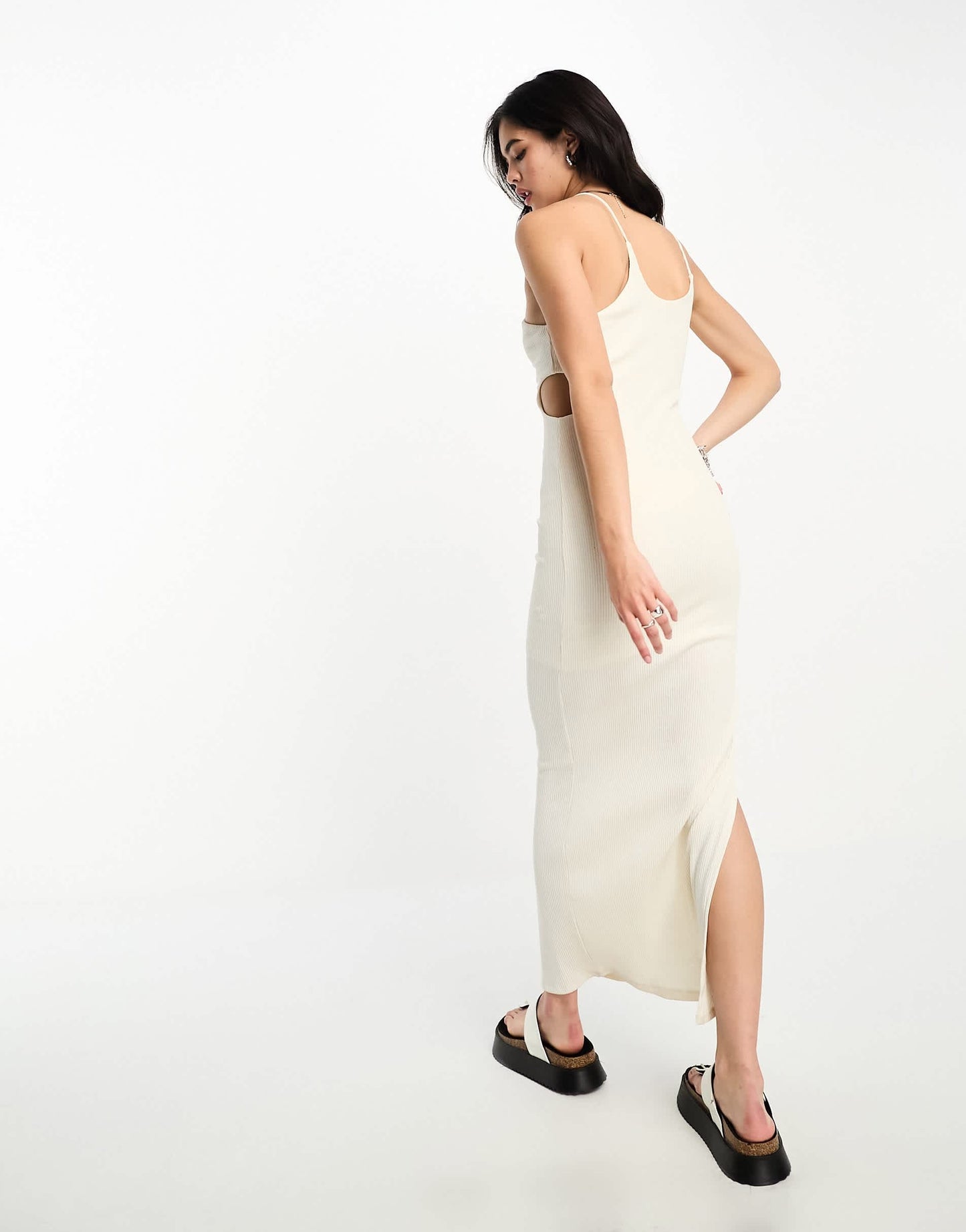 Bershka cut out detail asymmetric strap maxi dress in stone