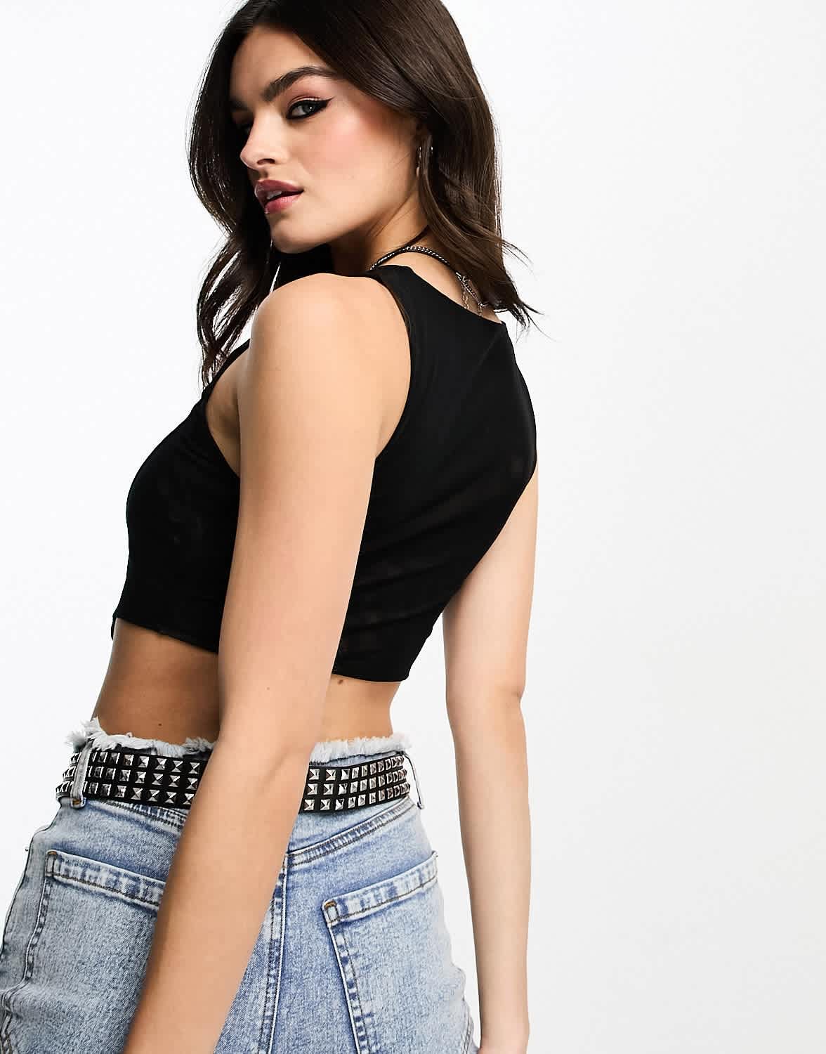 Bershka mesh overlay corset top in black