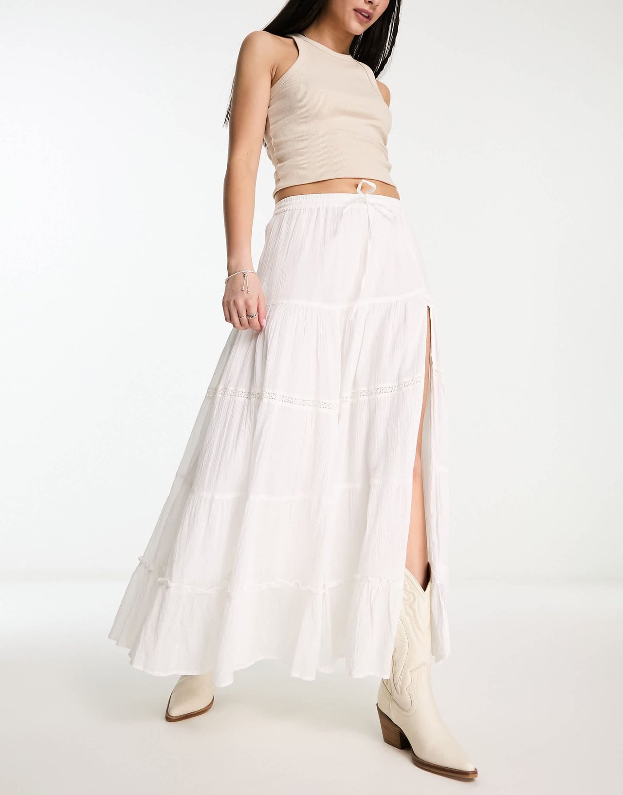 Bershka embroidered maxi skirt in ecru