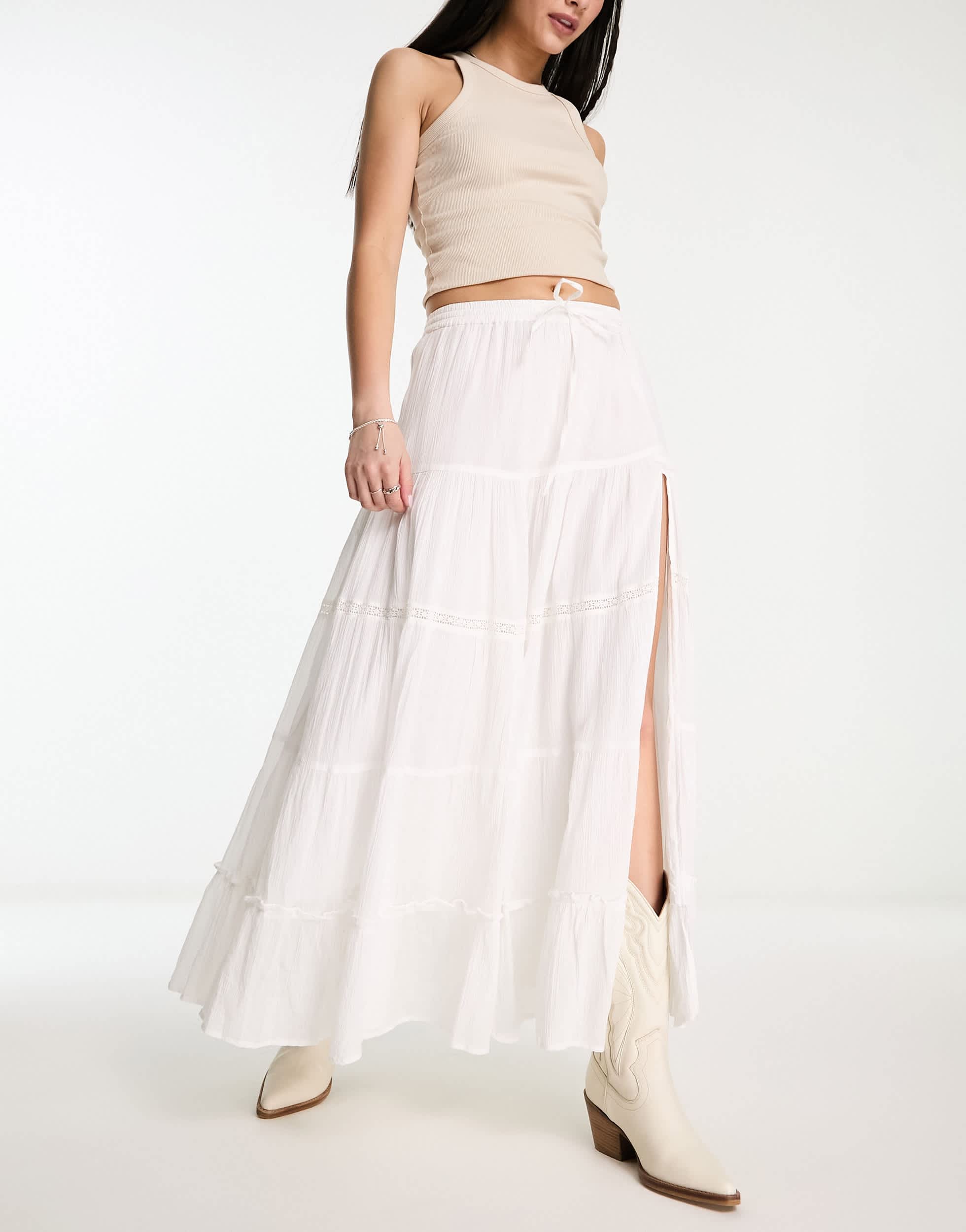 Bershka embroidered maxi skirt in ecru