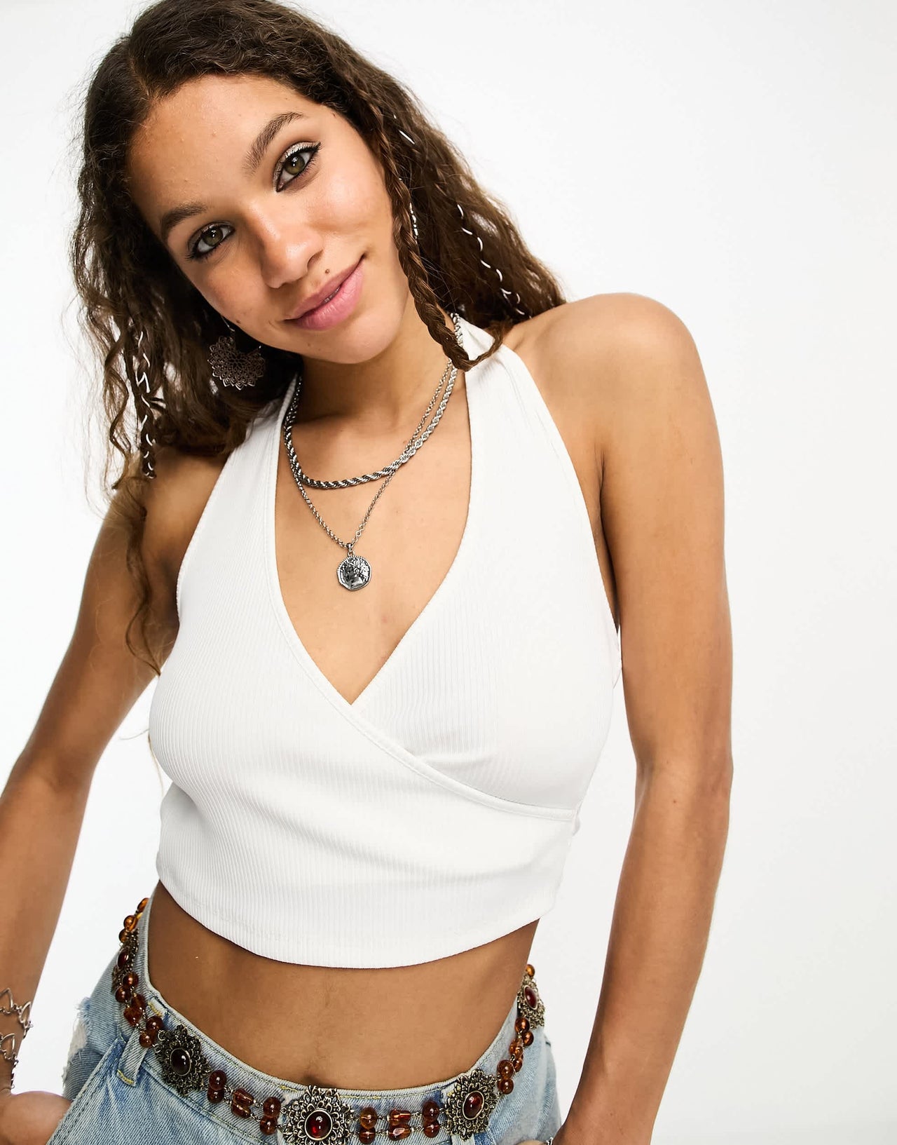 Bershka ribbed halterneck top in white