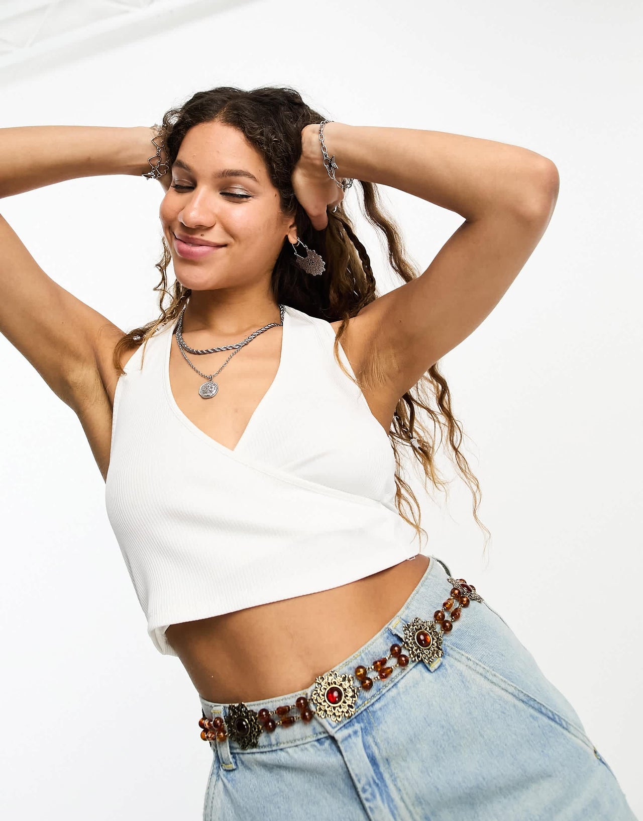 Bershka ribbed halterneck top in white