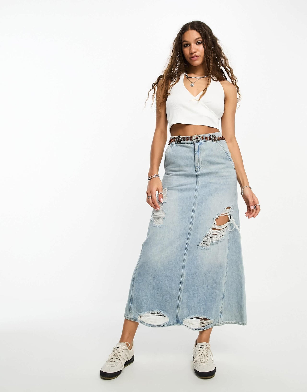 Bershka ribbed halterneck top in white