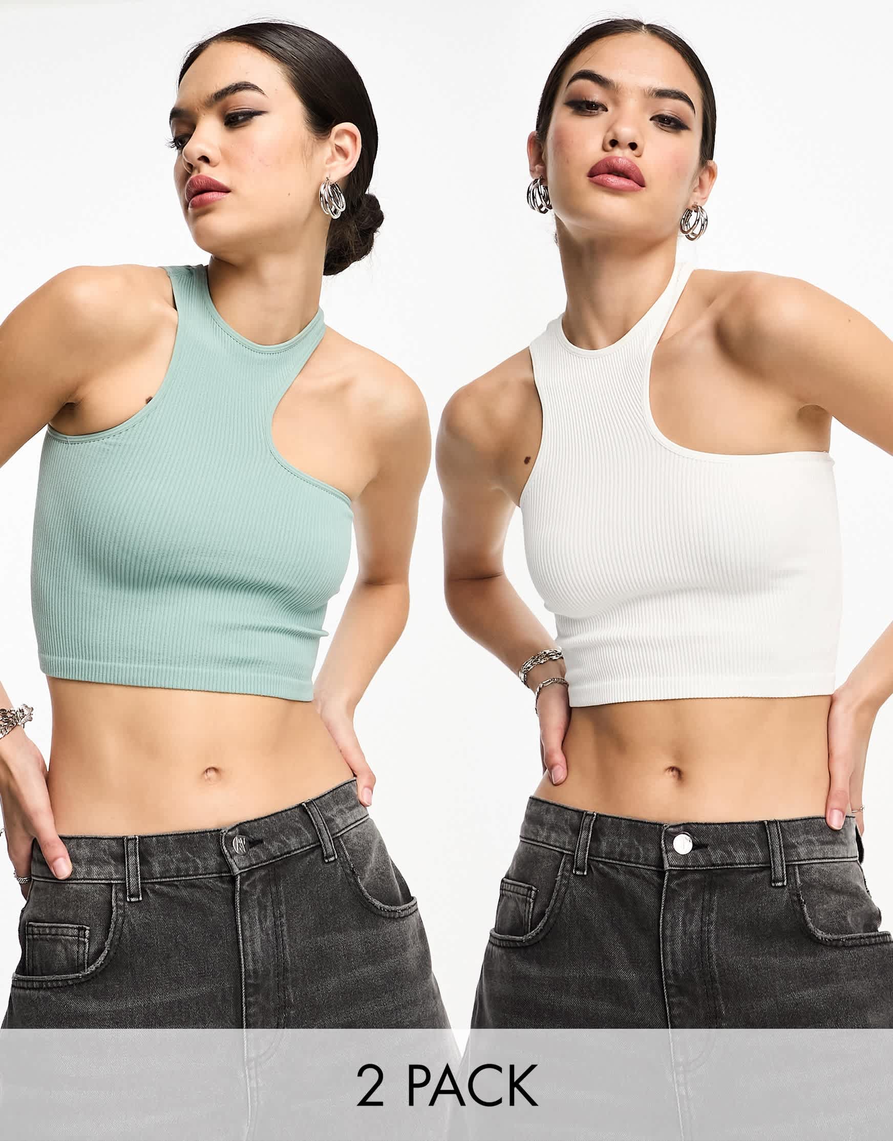 Bershka 2 pack ribbed asymmetric racerneck top in white & teal