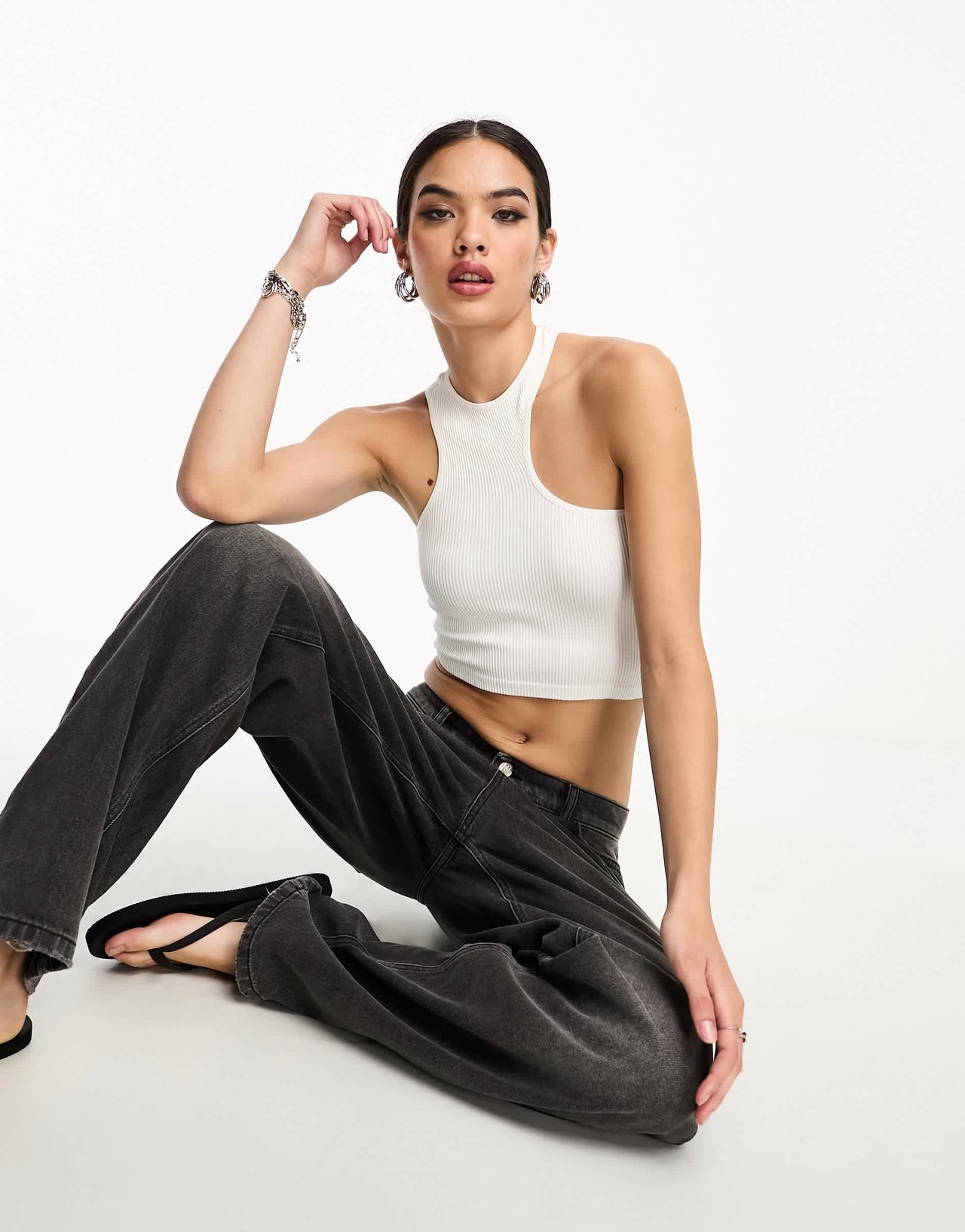 Bershka 2 pack ribbed asymmetric racerneck top in white & teal