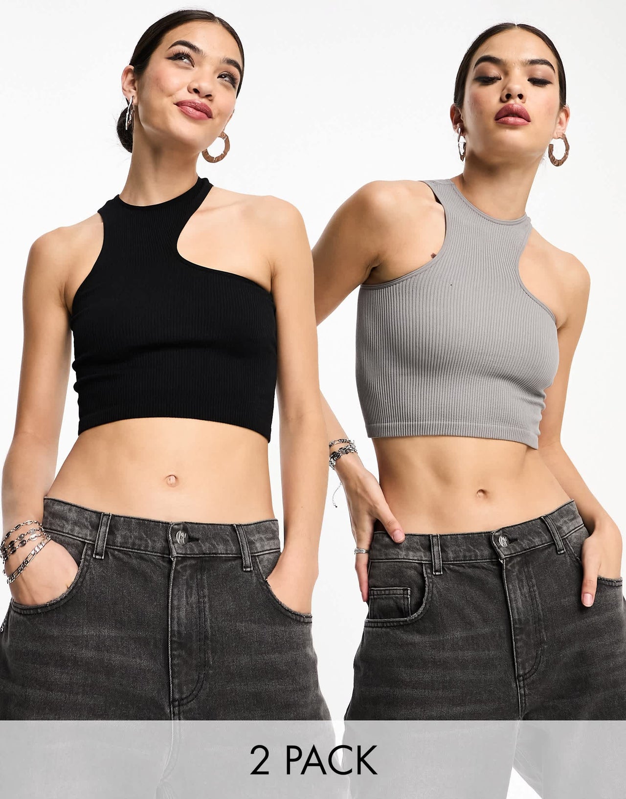 Bershka 2 pack ribbed asymmetric racerneck top in grey & black
