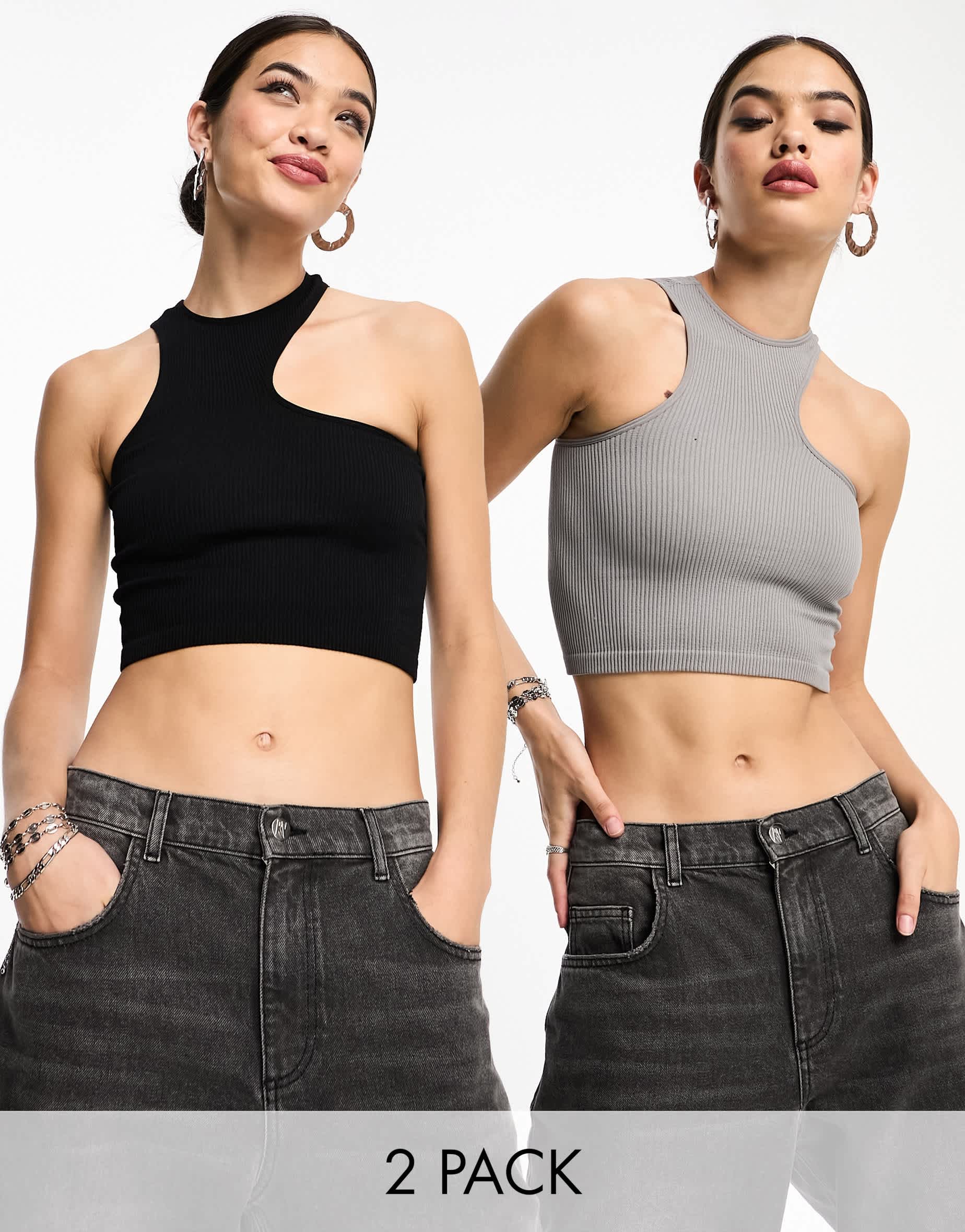 Bershka 2 pack ribbed asymmetric racerneck top in grey & black