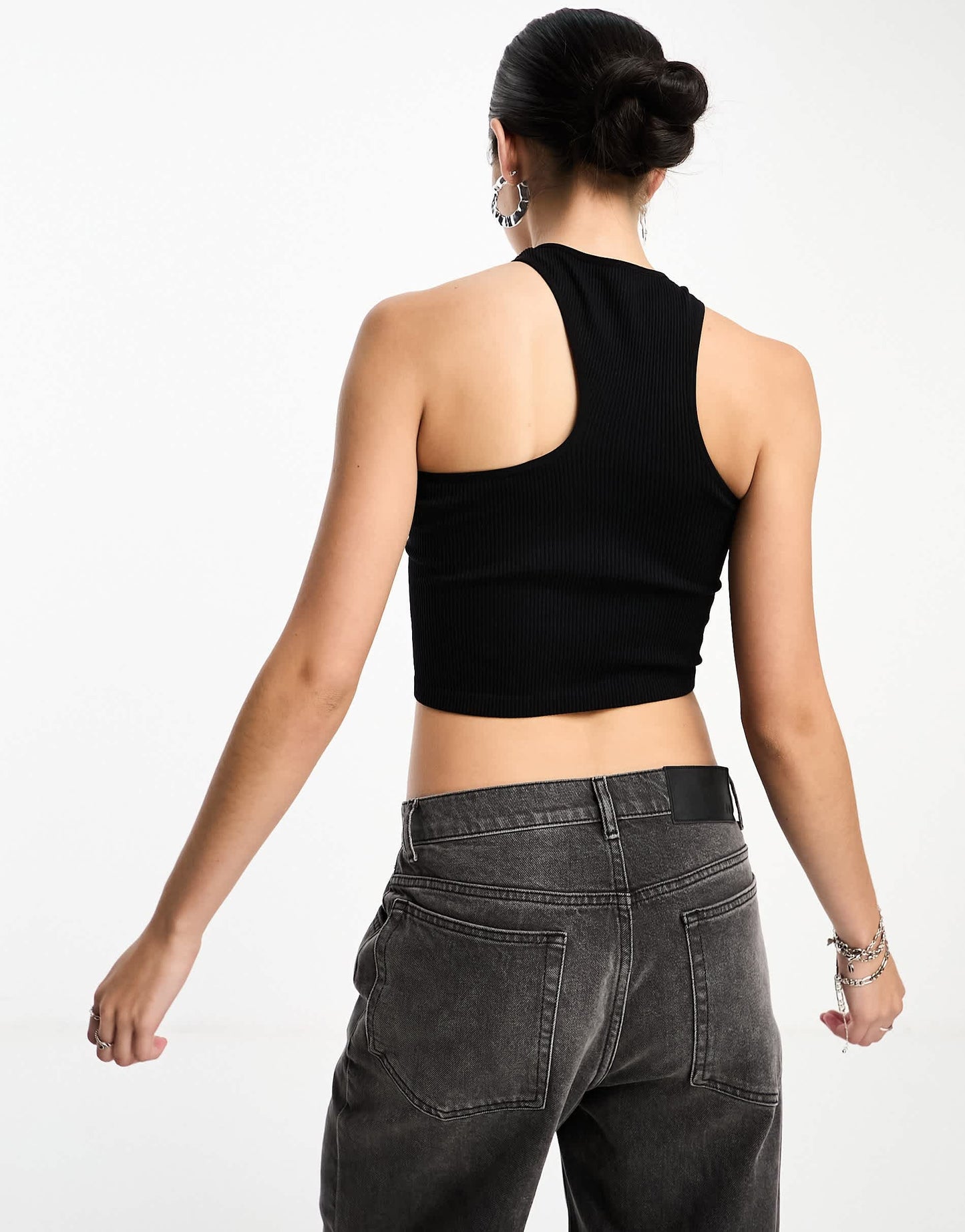 Bershka 2 pack ribbed asymmetric racerneck top in grey & black