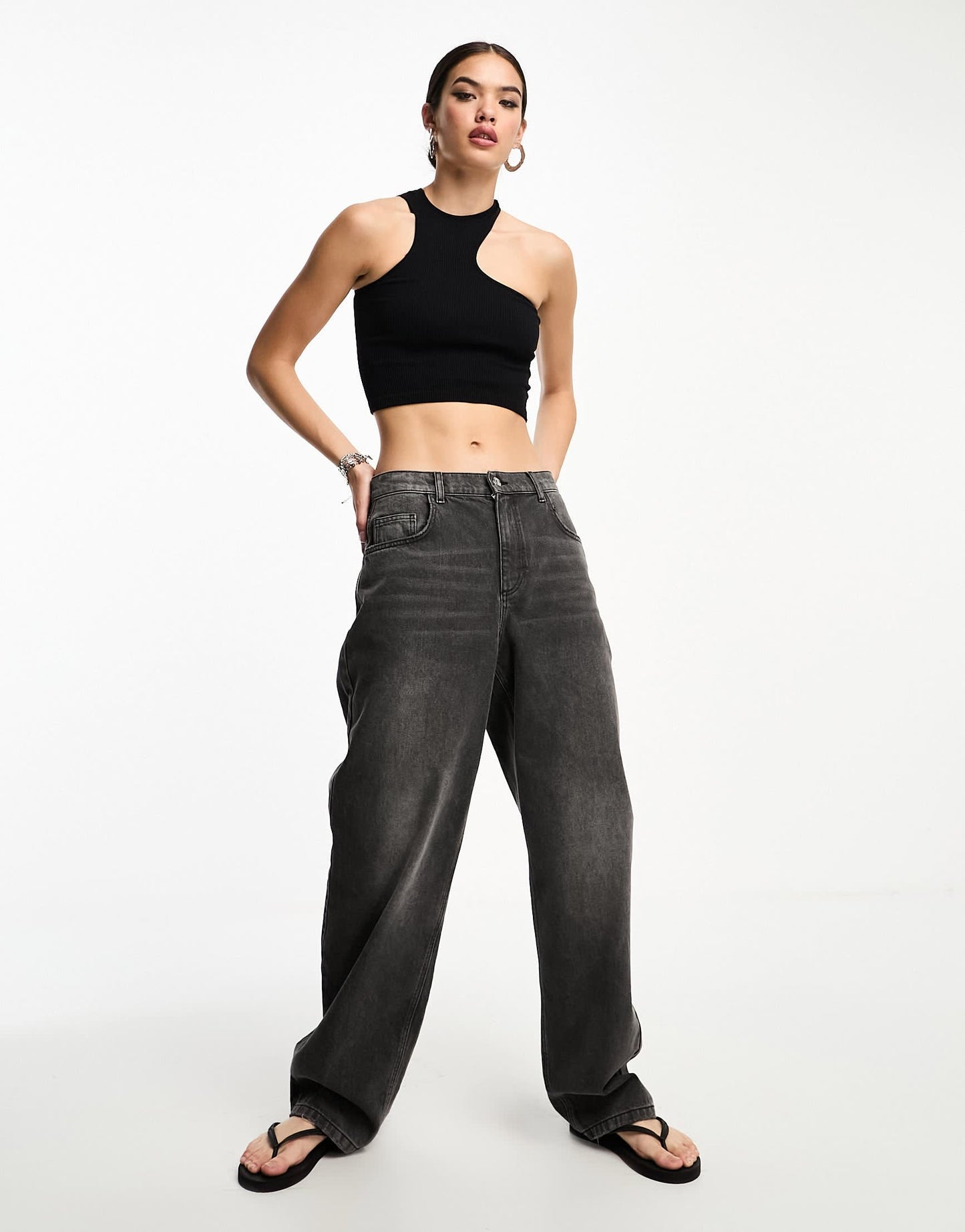 Bershka 2 pack ribbed asymmetric racerneck top in grey & black