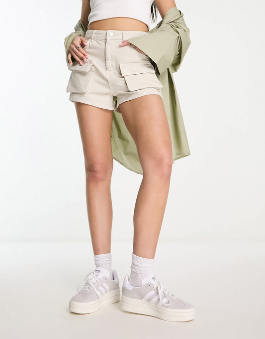 Bershka high waisted denim cargo shorts in ecru