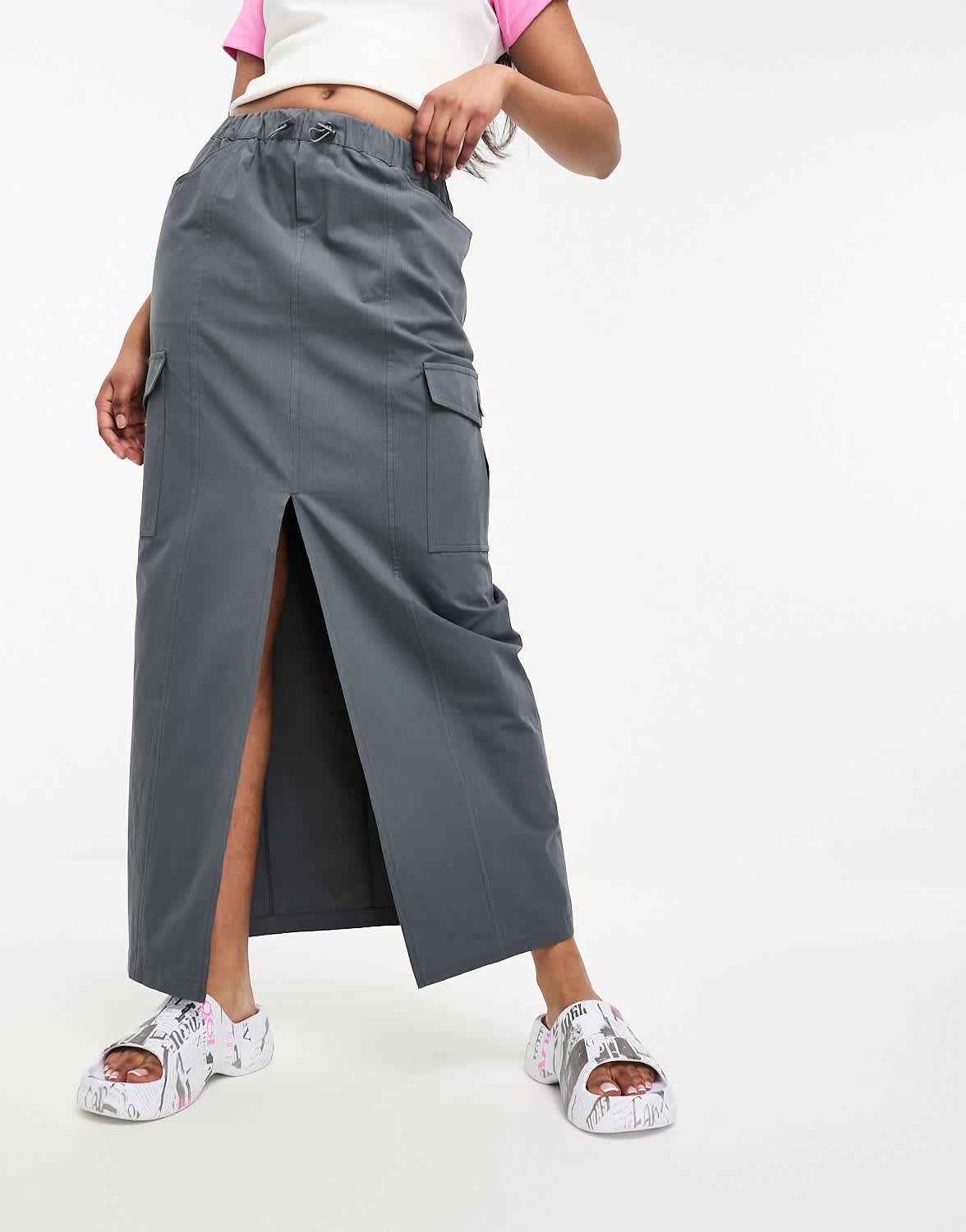 Miss Selfridge cargo pocket maxi skirt in charcoal