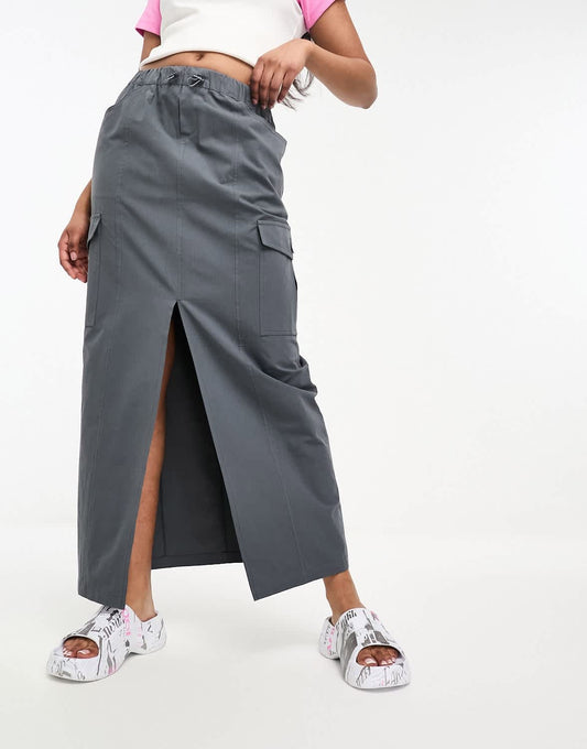 Miss Selfridge cargo pocket maxi skirt in charcoal