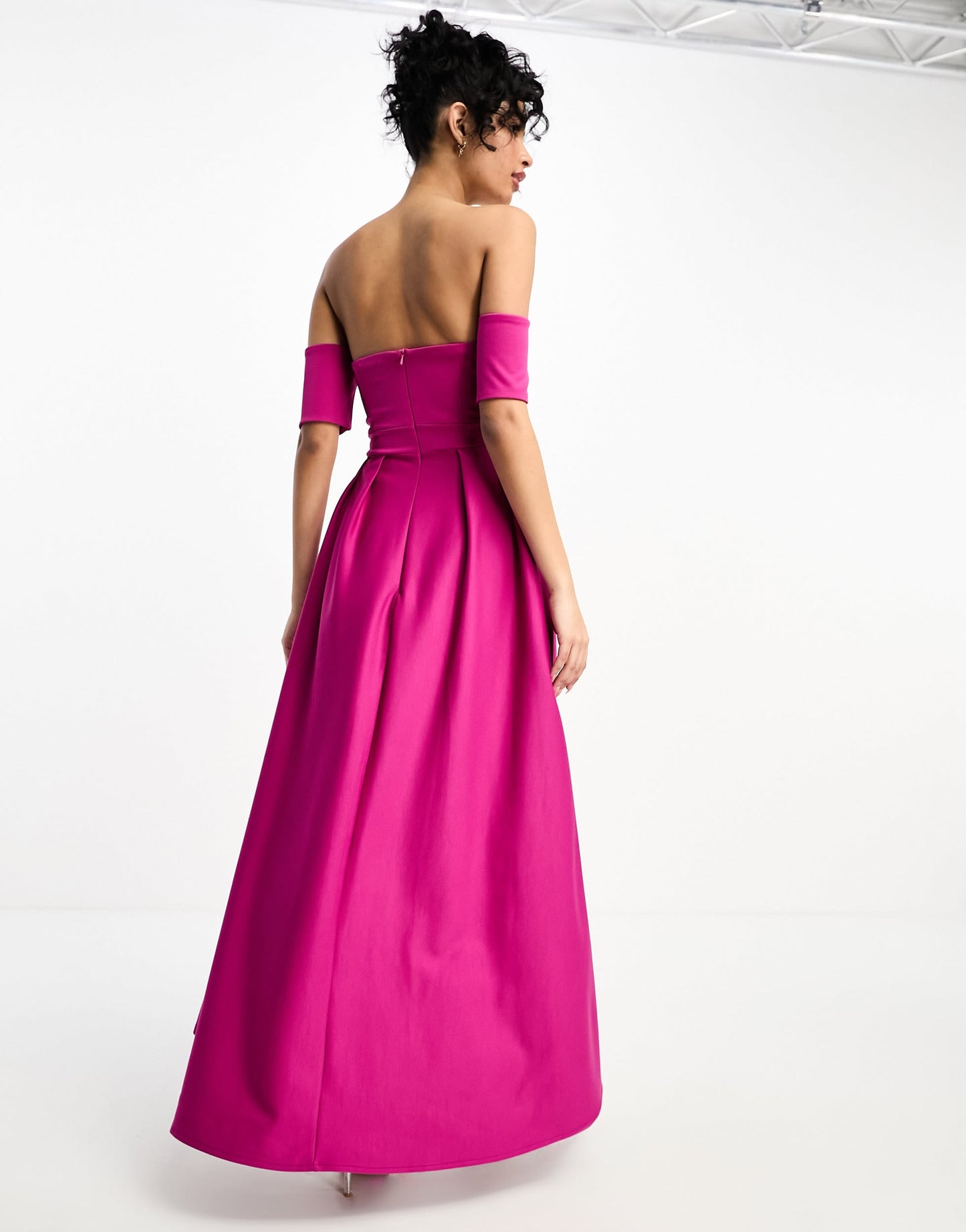 True Violet off shoulder high low dress in fuchsia
