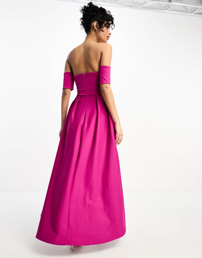 True Violet off shoulder high low dress in fuchsia