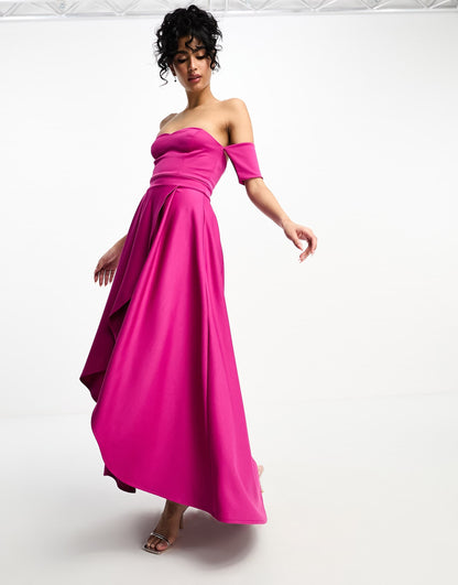 True Violet off shoulder high low dress in fuchsia