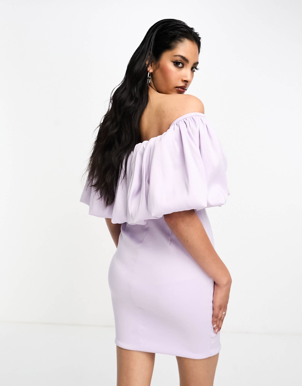 True Violet bardot mini dress with ruffle detail in lavender