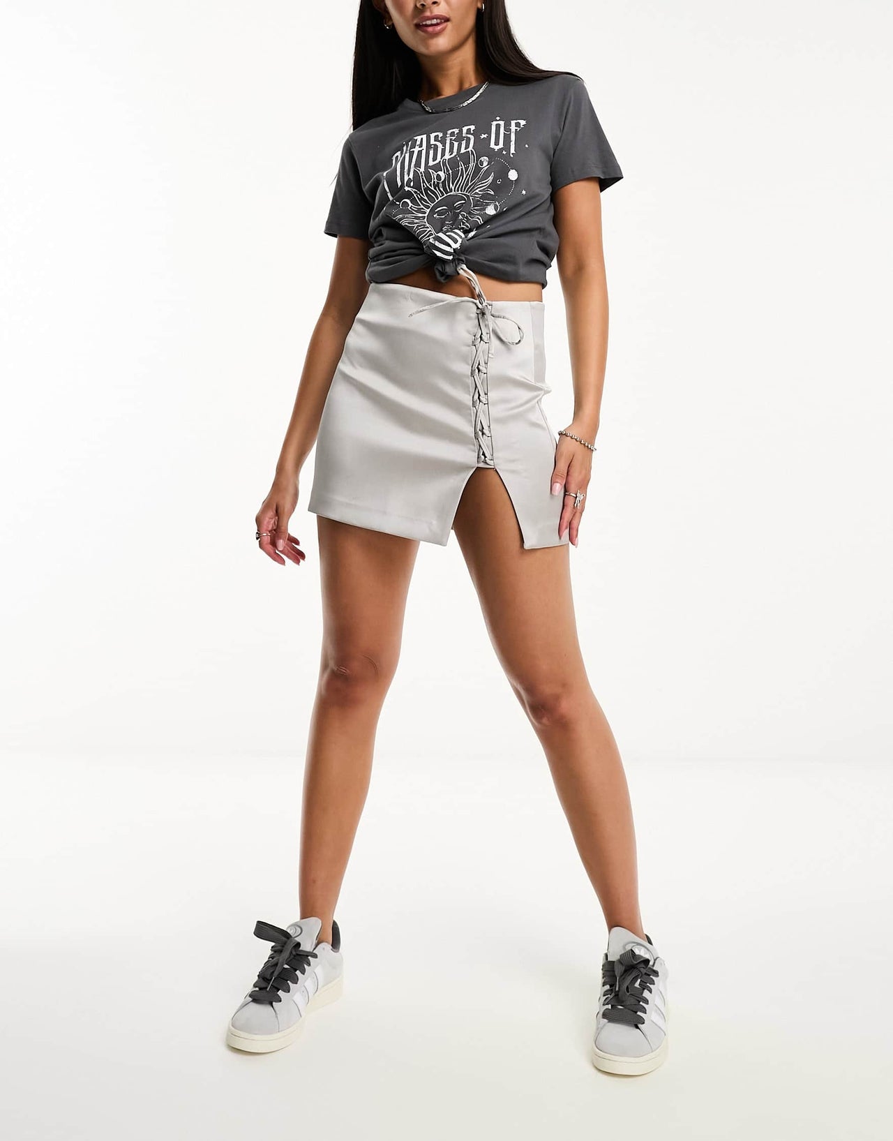 Bershka lace up detail satin mini skirt in pale grey