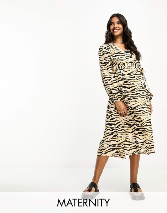 River Island Maternity zebra print wrap midi dress in brown